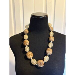 Large Brown Cream Chunky Glass? Beaded Necklace Bow Closure Mod Retro